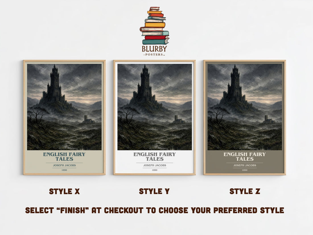 English Fairy Tales book cover print in frame leaning in hallway – childrens wall art (mockup)