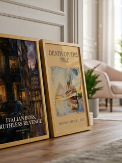 Italian Boss, Ruthless Revenge watercolour print framed by window – literary home decor