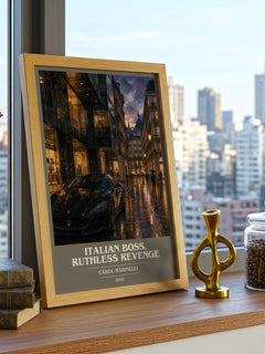 Italian Boss, Ruthless Revenge book cover print framed by window – literary home decor