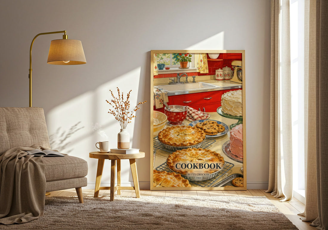 Cookbook watercolour print in frame leaning in hallway – non fiction wall art