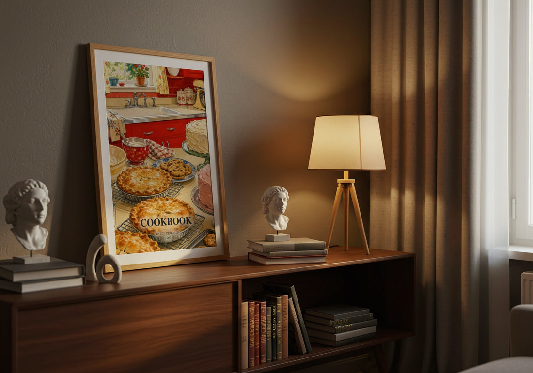 Cookbook watercolour print on bookshelf – Betty Crocker fan gift