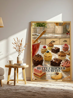 Betty Crocker tiny bites watercolour print in frame leaning in hallway – __new__:cookbook wall art
