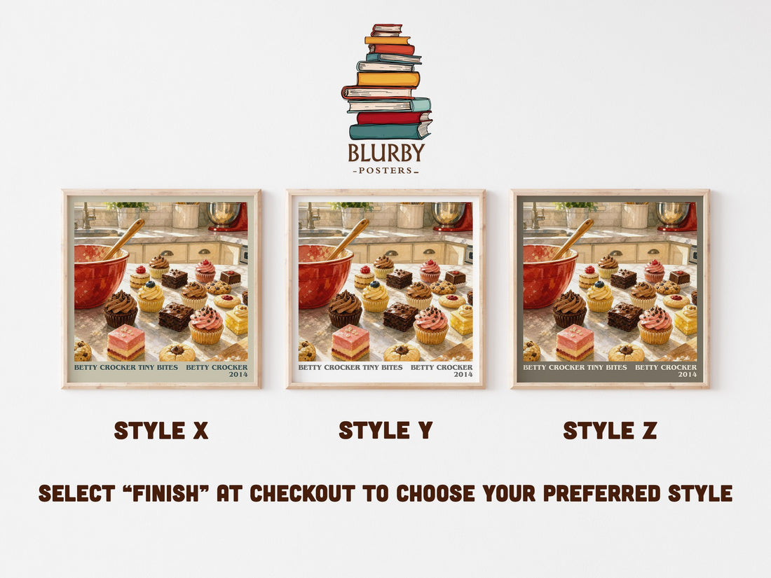 Betty Crocker tiny bites literary print in frame leaning in hallway – __new__:cookbook wall art (mockup)