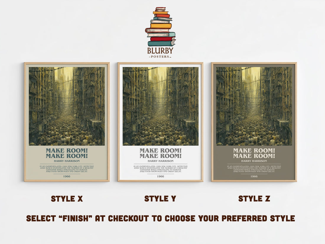 Make Room! Make Room! bookish print in frame leaning in hallway – dystopian wall art (mockup)