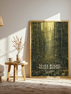 Make Room! Make Room! watercolour print in frame leaning in hallway – dystopian wall art