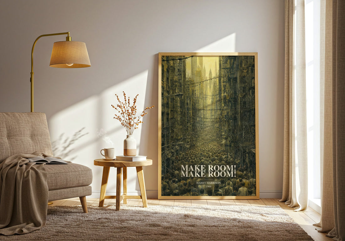 Make Room! Make Room! watercolour print in frame leaning in hallway – dystopian wall art