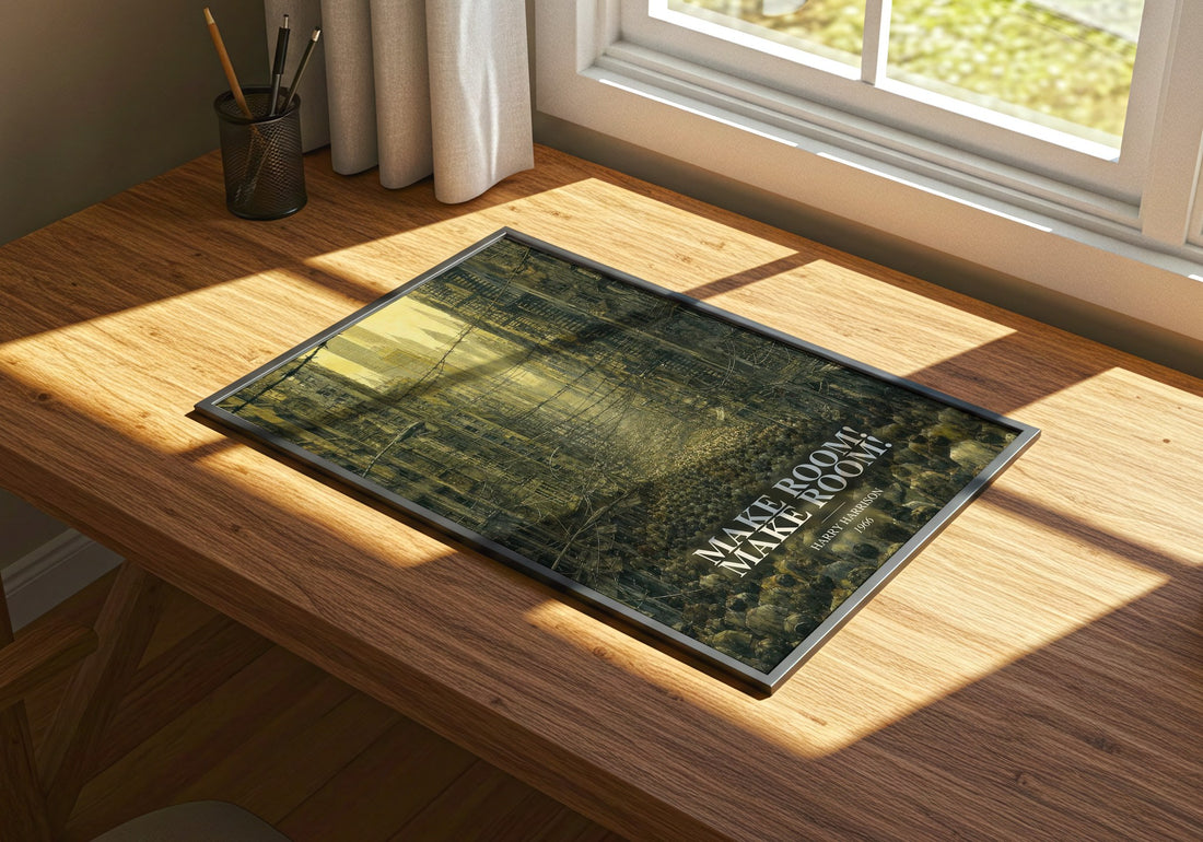 Make Room! Make Room! watercolour book poster framed on wall – dystopian wall art