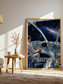 The Stainless Steel Rat watercolour print in frame leaning in hallway – sci fi wall art