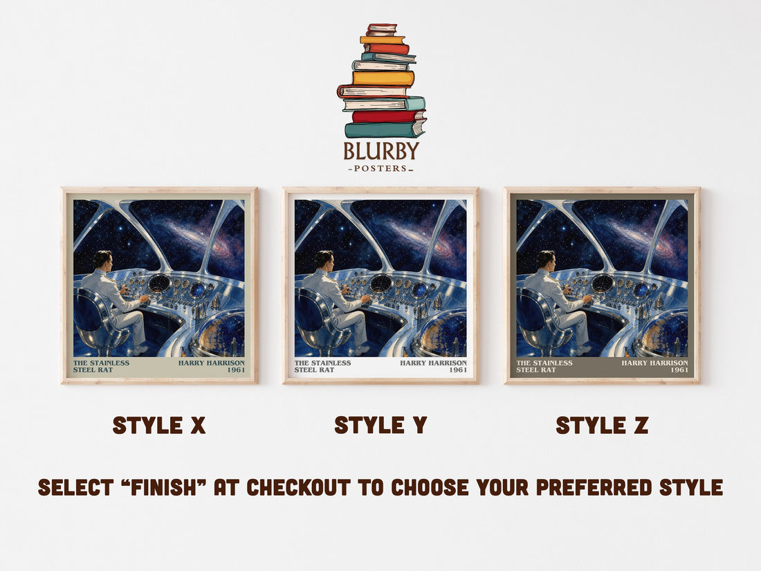 The Stainless Steel Rat literary print in frame leaning in hallway – sci fi wall art (mockup)