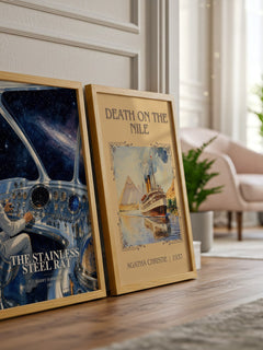 The Stainless Steel Rat watercolour print framed by window – literary home decor