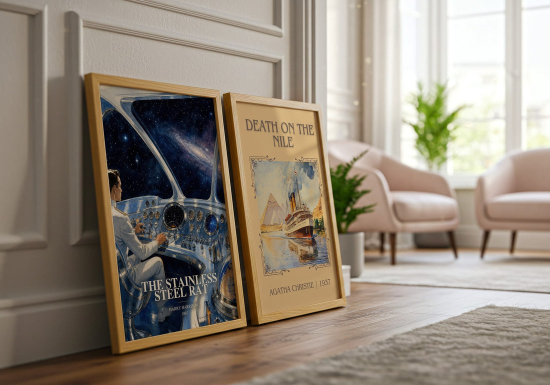 The Stainless Steel Rat watercolour print framed by window – literary home decor