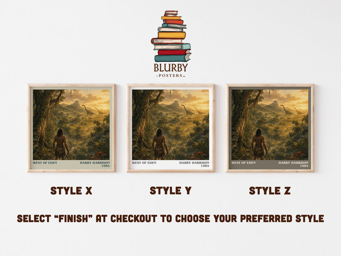 West of Eden literary print in frame leaning in hallway – sci fi wall art (mockup)