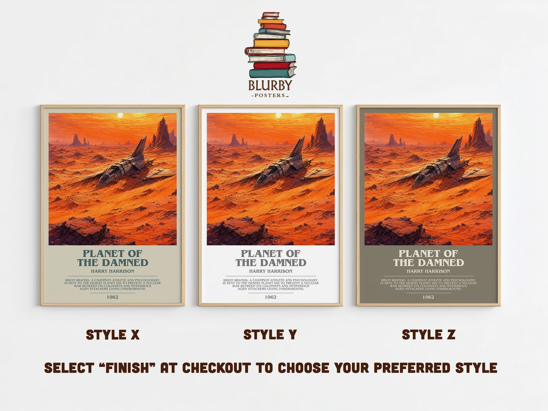 Planet of the Damned bookish print in frame leaning in hallway – sci fi wall art (mockup)