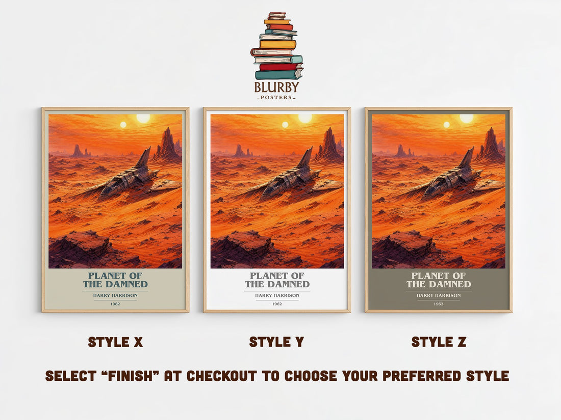 Planet of the Damned book cover print in frame leaning in hallway – sci fi wall art (mockup)