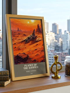 Planet of the Damned book cover print framed by window – literary home decor