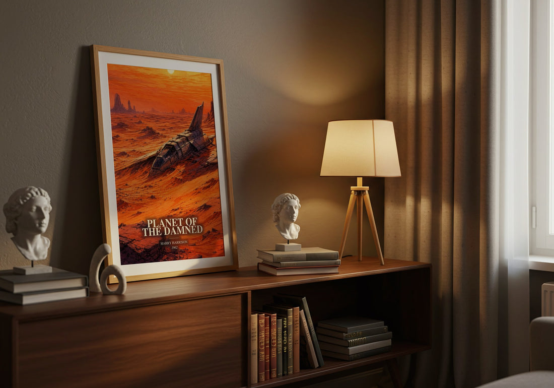 Planet of the Damned watercolour print on bookshelf – Harry Harrison fan gift