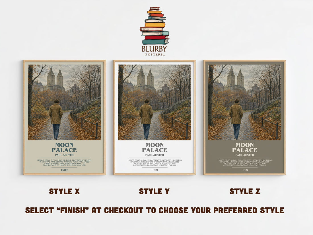Moon Palace bookish print in frame leaning in hallway – literary fiction wall art (mockup)