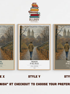 Moon Palace book cover print in frame leaning in hallway – literary fiction wall art