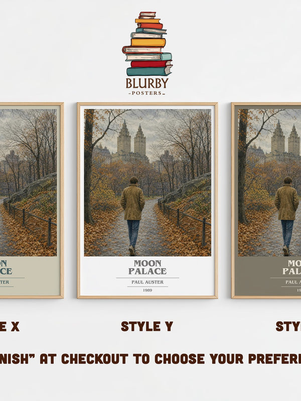 Moon Palace book cover print in frame leaning in hallway – literary fiction wall art