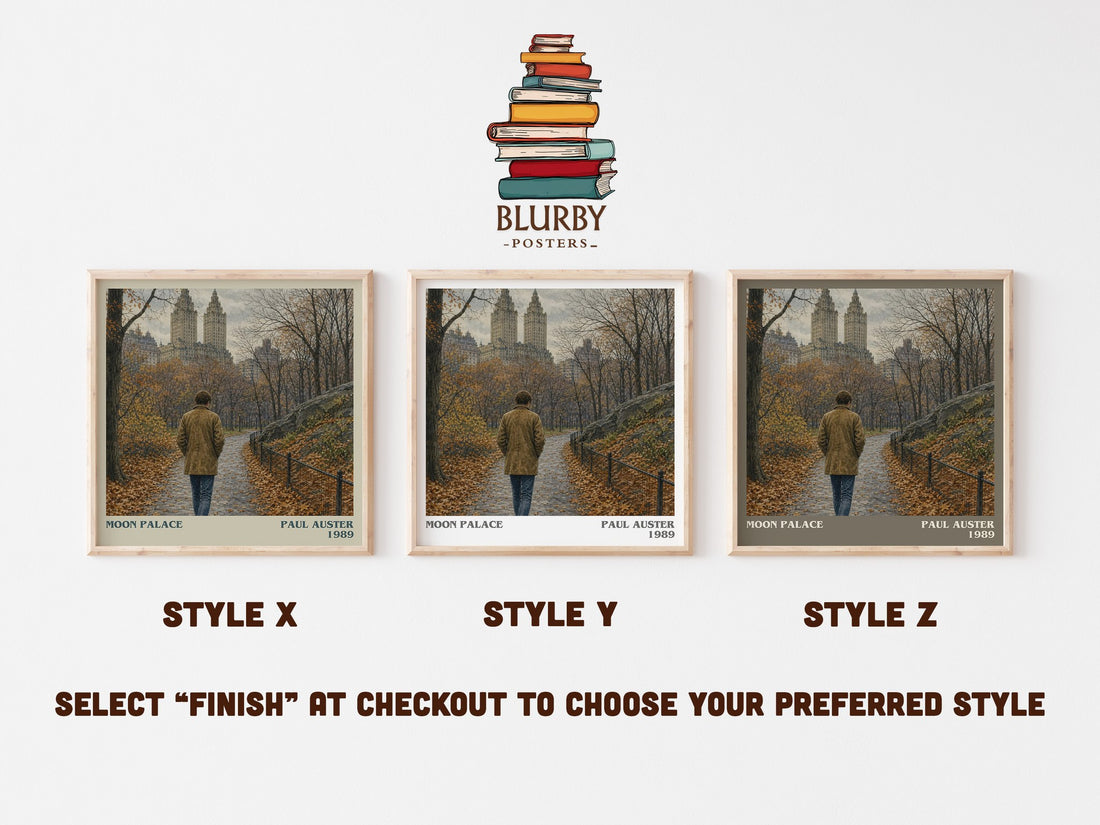 Moon Palace literary print in frame leaning in hallway – literary fiction wall art (mockup)