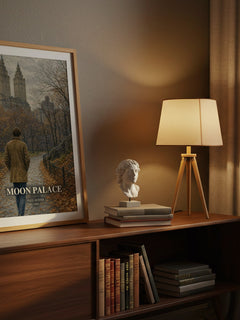 Moon Palace watercolour print on bookshelf – Paul Auster fan gift
