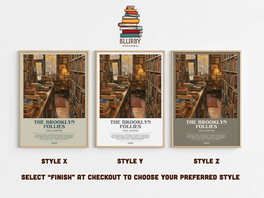 The Brooklyn Follies bookish print in frame leaning in hallway – contemporary fiction wall art (mockup)