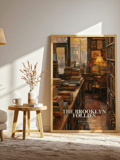 The Brooklyn Follies watercolour print in frame leaning in hallway – contemporary fiction wall art
