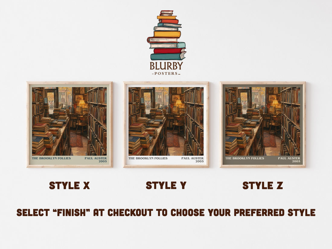 The Brooklyn Follies literary print in frame leaning in hallway – contemporary fiction wall art (mockup)