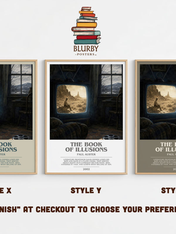 The Book of Illusions bookish print in frame leaning in hallway – literary fiction wall art