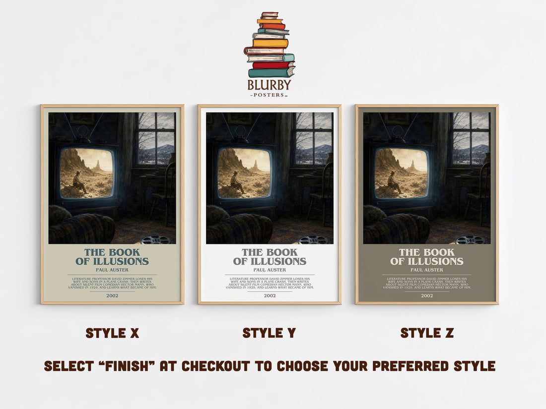 The Book of Illusions bookish print in frame leaning in hallway – literary fiction wall art (mockup)