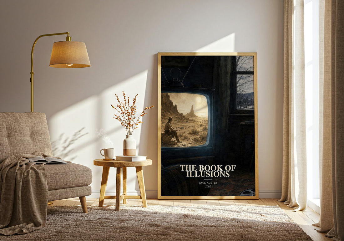 The Book of Illusions watercolour print in frame leaning in hallway – literary fiction wall art