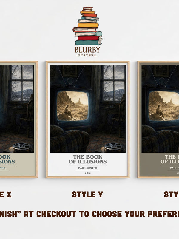 The Book of Illusions book cover print in frame leaning in hallway – literary fiction wall art