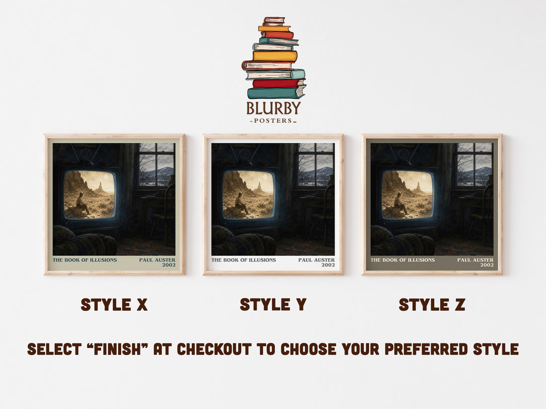 The Book of Illusions literary print in frame leaning in hallway – literary fiction wall art (mockup)