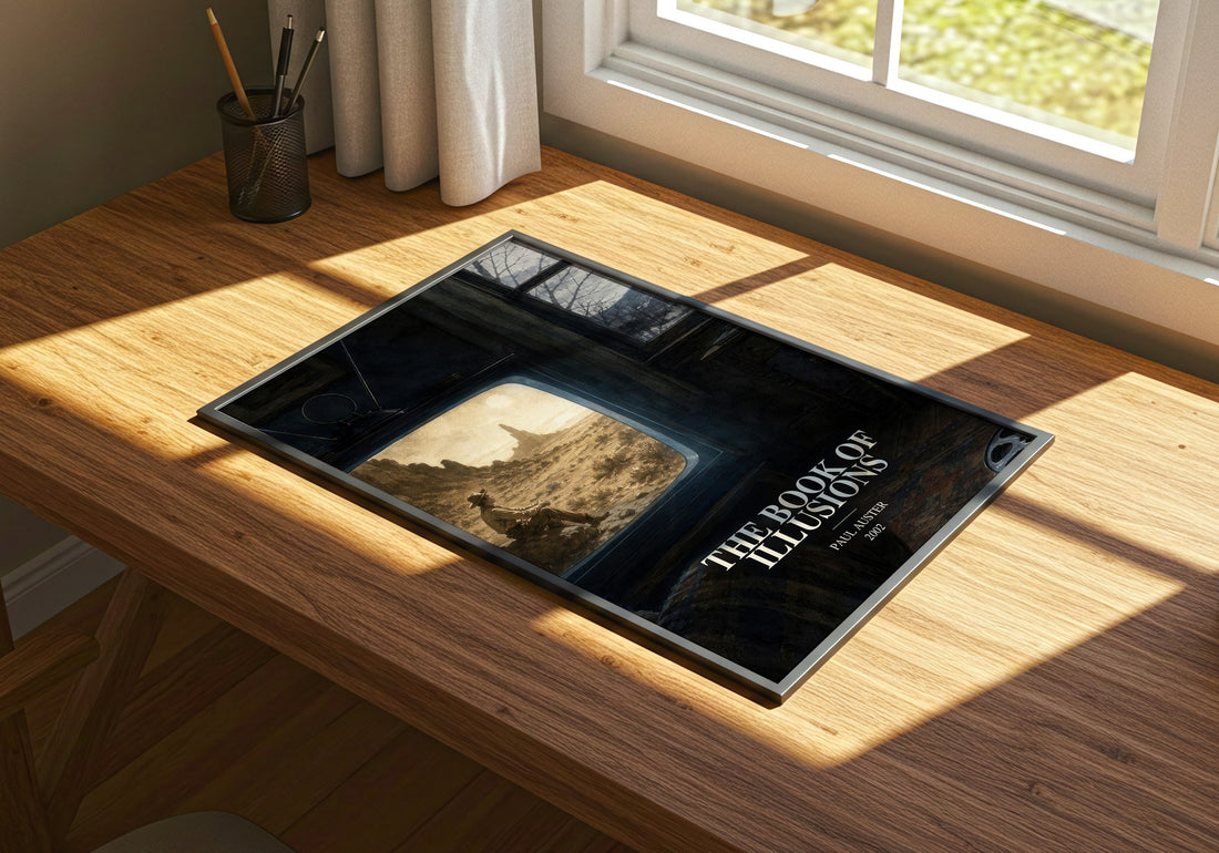 The Book of Illusions watercolour book poster framed on wall – literary fiction wall art