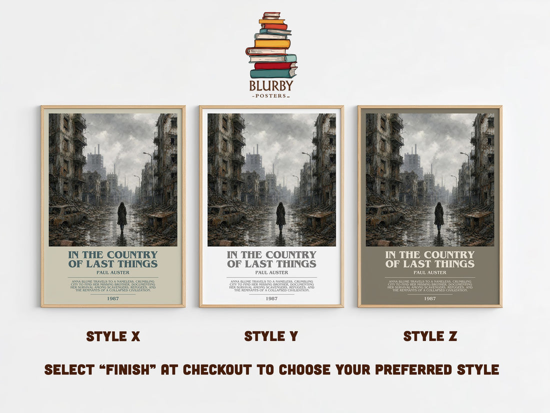 In the Country of Last Things bookish print in frame leaning in hallway – dystopian wall art (mockup)