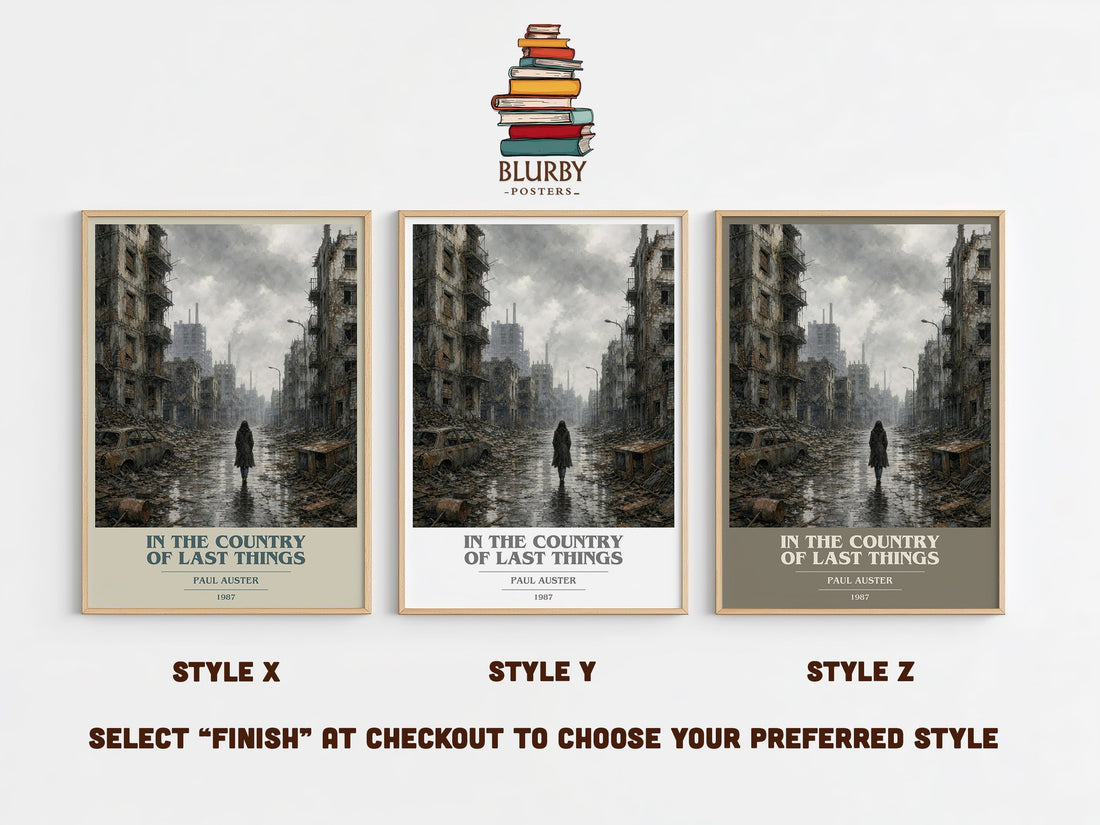 In the Country of Last Things book cover print in frame leaning in hallway – dystopian wall art (mockup)