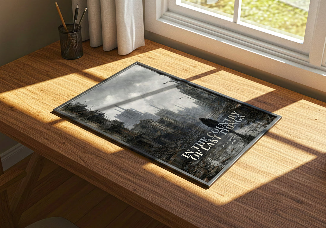 In the Country of Last Things watercolour book poster framed on wall – dystopian wall art