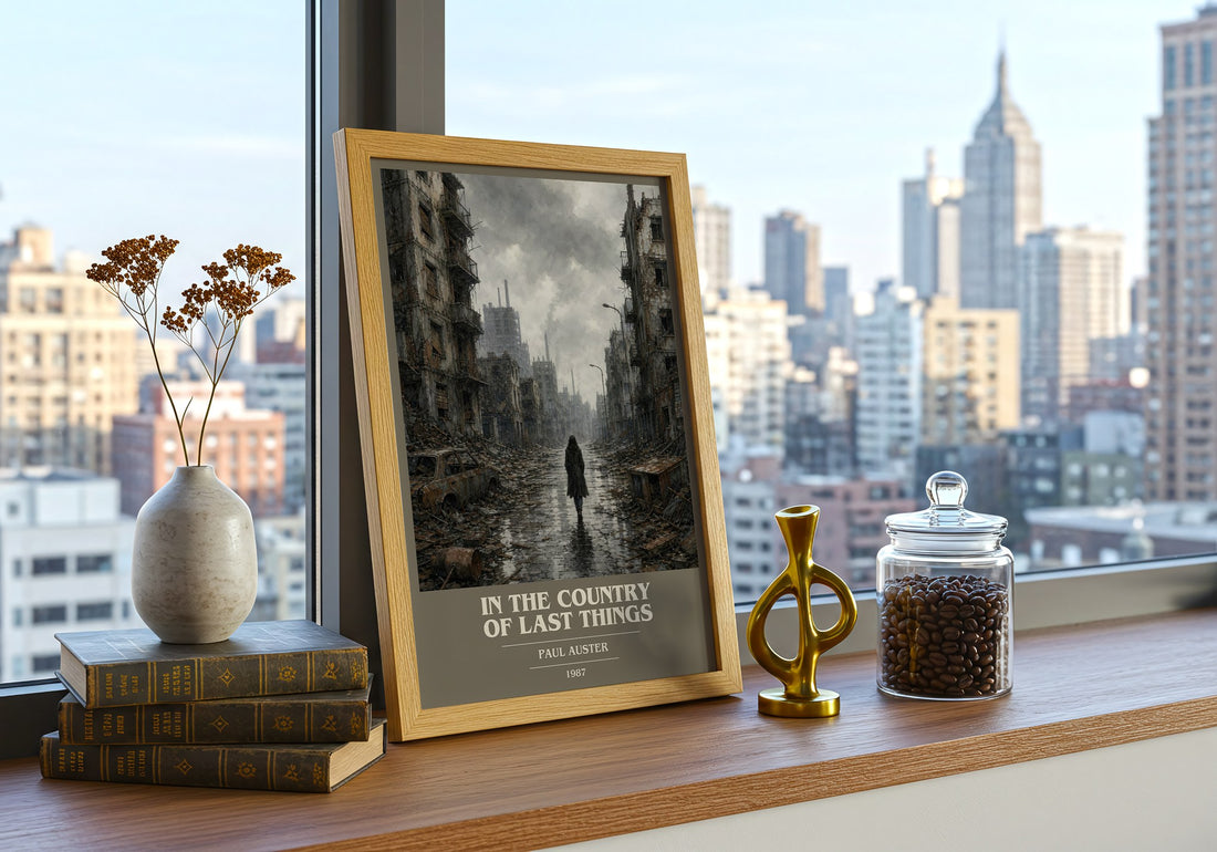 In the Country of Last Things book cover print framed by window – literary home decor