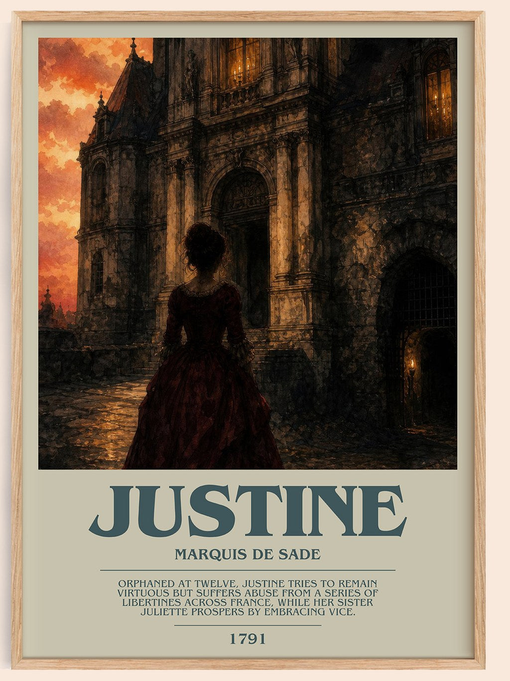 Justine bookish book poster by Marquis de Sade – framed literary art print