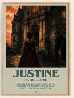 Justine bookish book poster by Marquis de Sade – framed literary art print