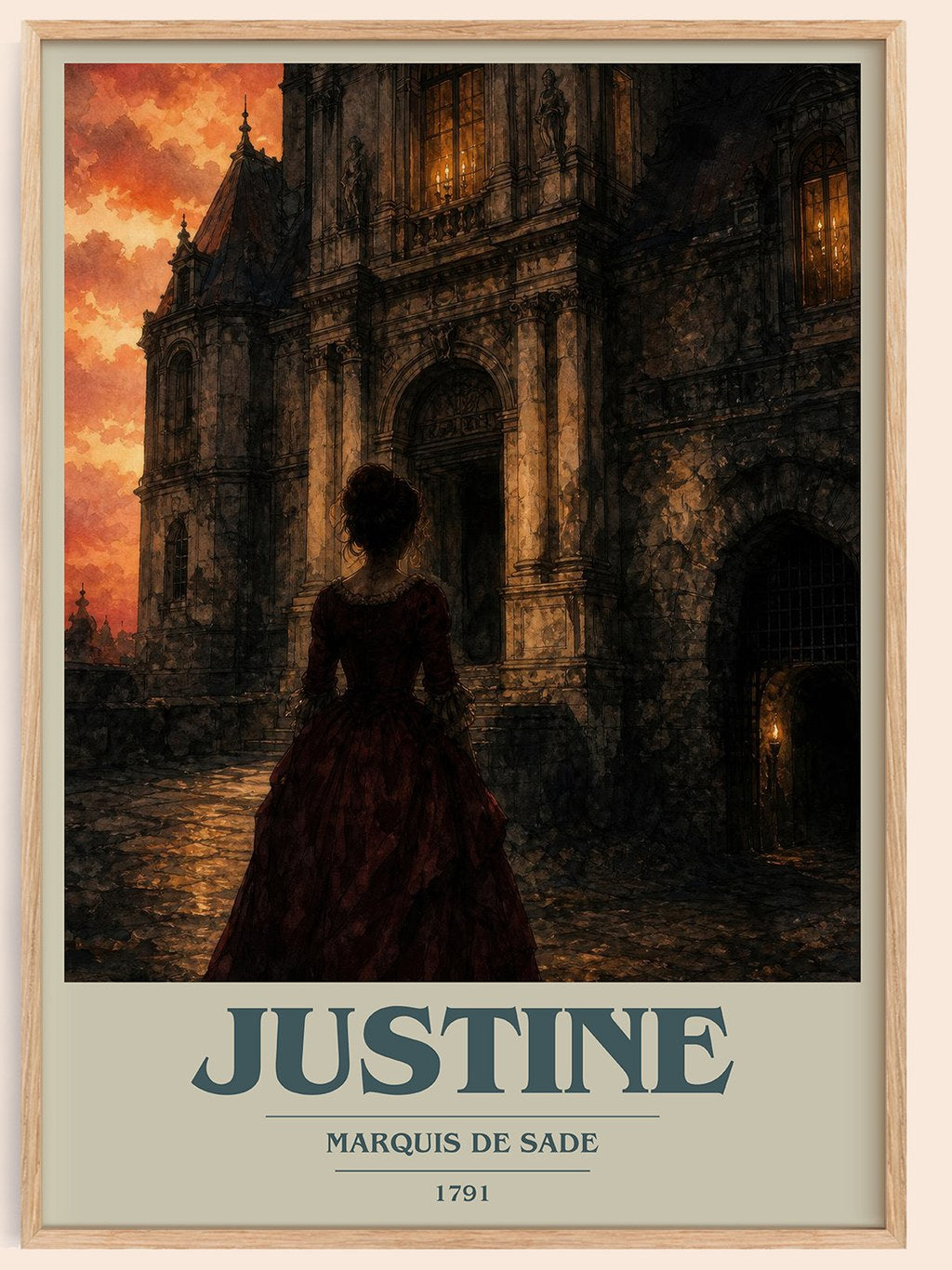 Justine book cover book poster by Marquis de Sade – framed literary art print