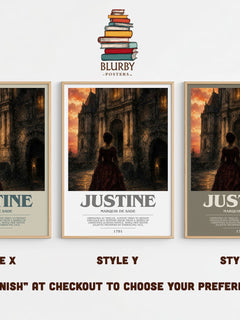 Justine bookish print in frame leaning in hallway – philosophy wall art
