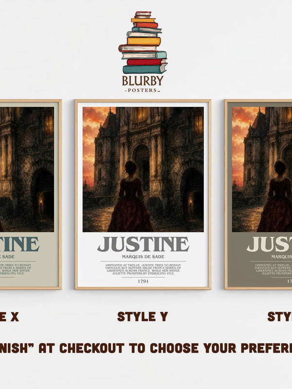 Justine bookish print in frame leaning in hallway – philosophy wall art