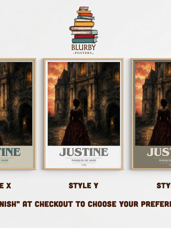 Justine book cover print in frame leaning in hallway – philosophy wall art