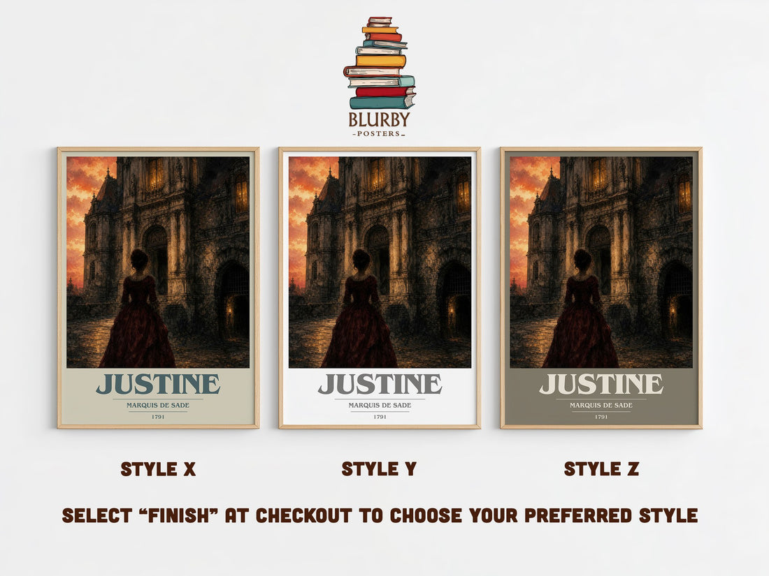 Justine book cover print in frame leaning in hallway – philosophy wall art (mockup)