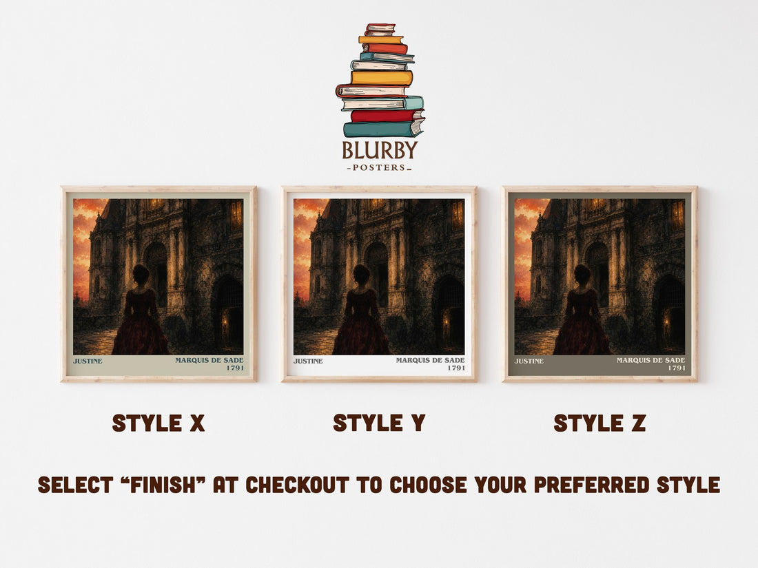 Justine literary print in frame leaning in hallway – philosophy wall art (mockup)