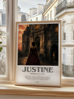 Justine bookish poster colour and style options – Marquis de Sade book art