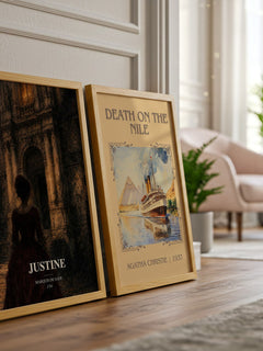 Justine watercolour print framed by window – literary home decor