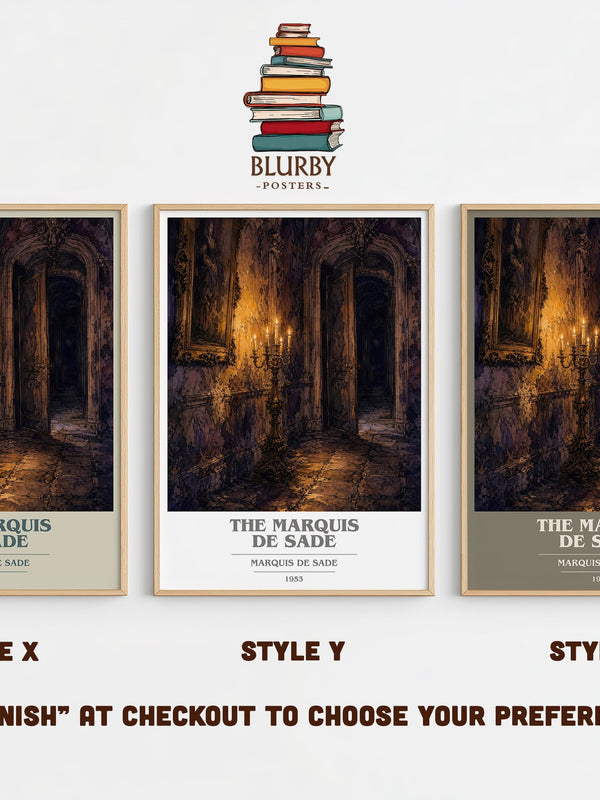 The Marquis de Sade book cover print in frame leaning in hallway – philosophy wall art