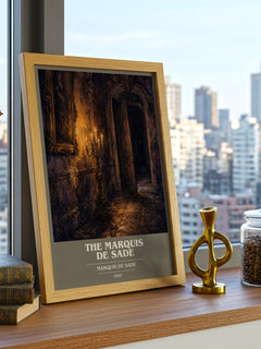 The Marquis de Sade book cover print framed by window – literary home decor